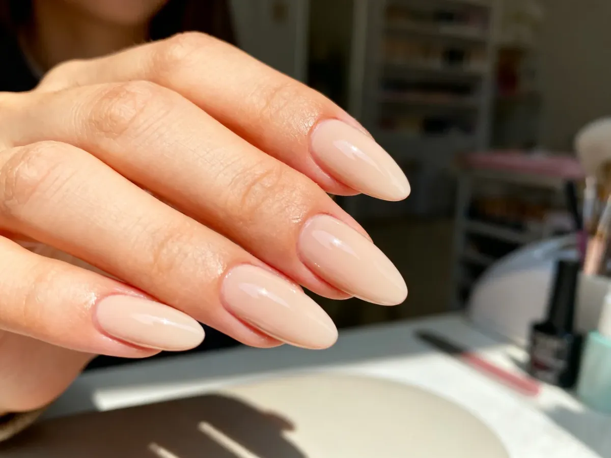 Zadbana dłoń z hybrydowym manicure w kolorze mlecznego nude i kształcie migdała, prezentująca efekt idealnej nadbudowy paznokcia.