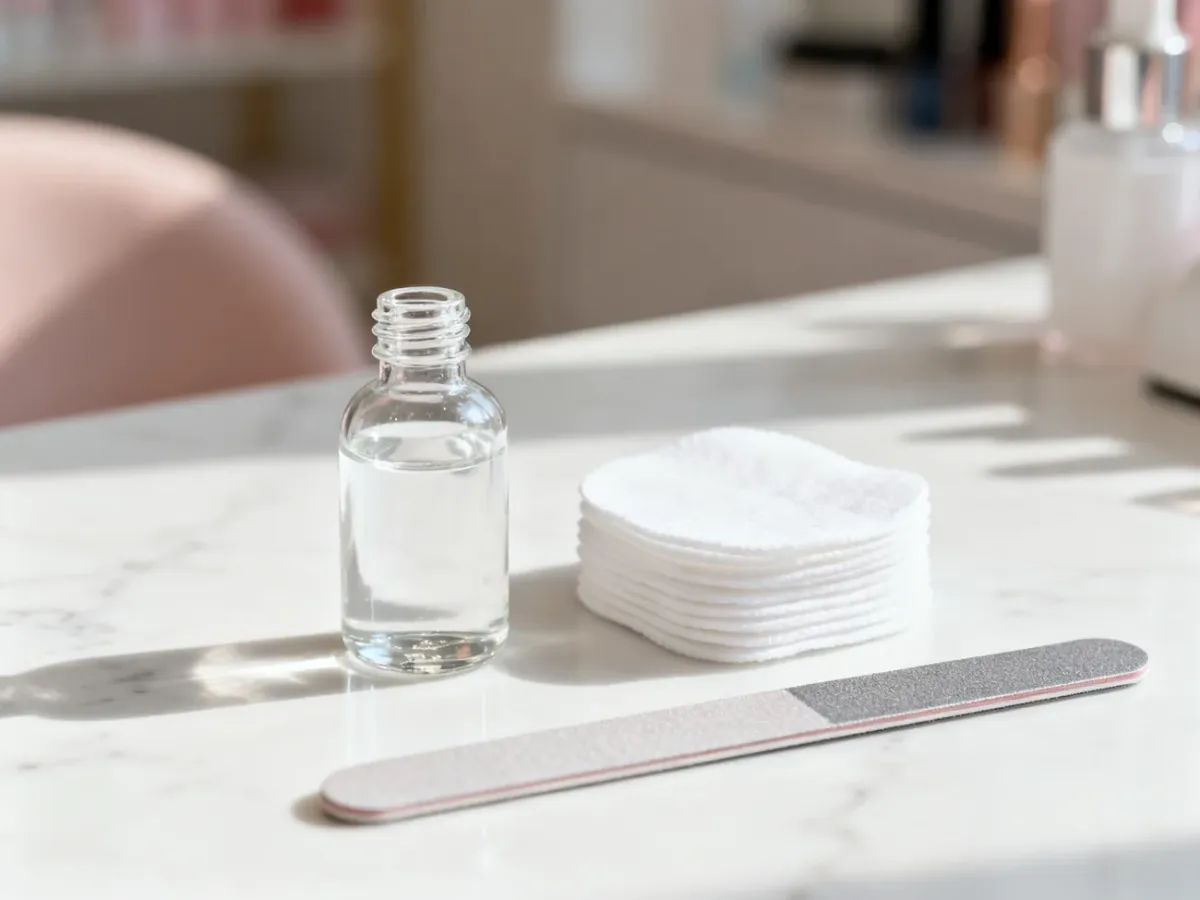 Butelka z cleanerem, bezpyłowe waciki i pilnik na marmurowym blacie, przygotowane do profesjonalnego manicure.