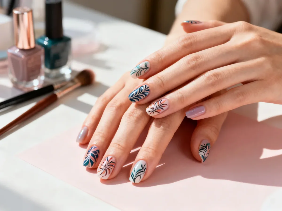 Zadbane dłonie z profesjonalnym manicurem w modne, artystyczne wzory na pastelowym tle.