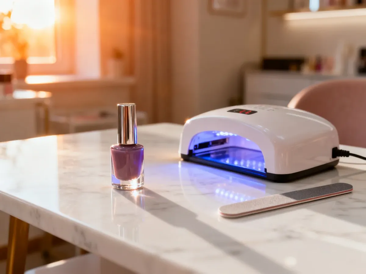Profesjonalny zestaw do manicure hybrydowego na marmurowym blacie w słonecznym salonie kosmetycznym.