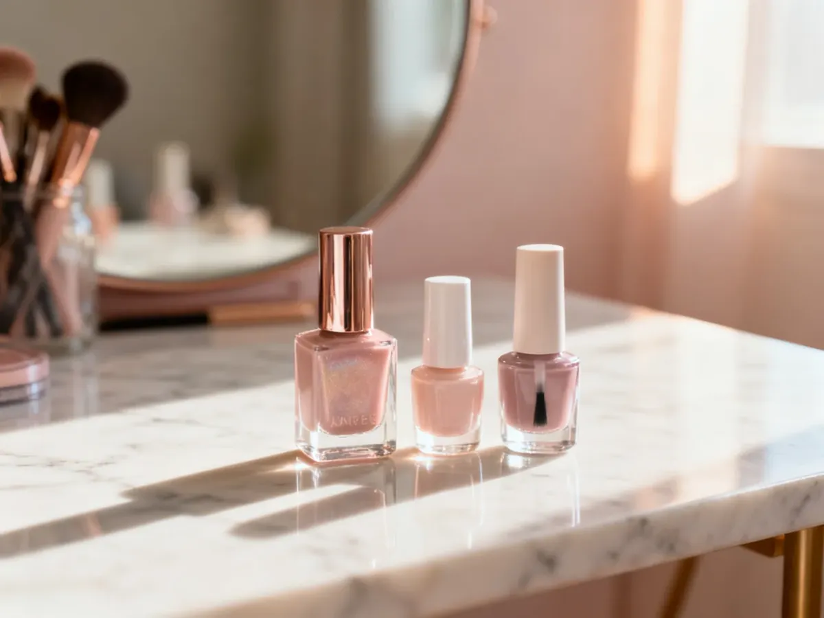 Zestaw profesjonalnych lakierów do paznokci, bazy i top coatu na marmurowym blacie, gotowych do wykonania trwałego manicure.