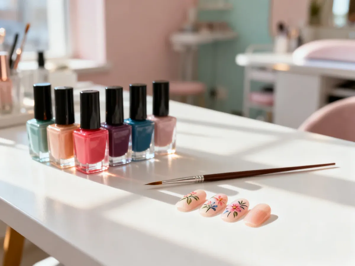 Stanowisko do manicure z lakierami, pędzelkiem i wzorami kwiatowymi na tipsach, gotowe do nauki zdobienia paznokci.