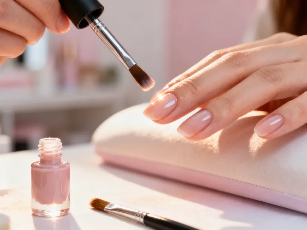 Pędzelek z lakierem nad zadbaną dłonią oraz płynny lateks do ochrony skórek podczas profesjonalnego manicure.