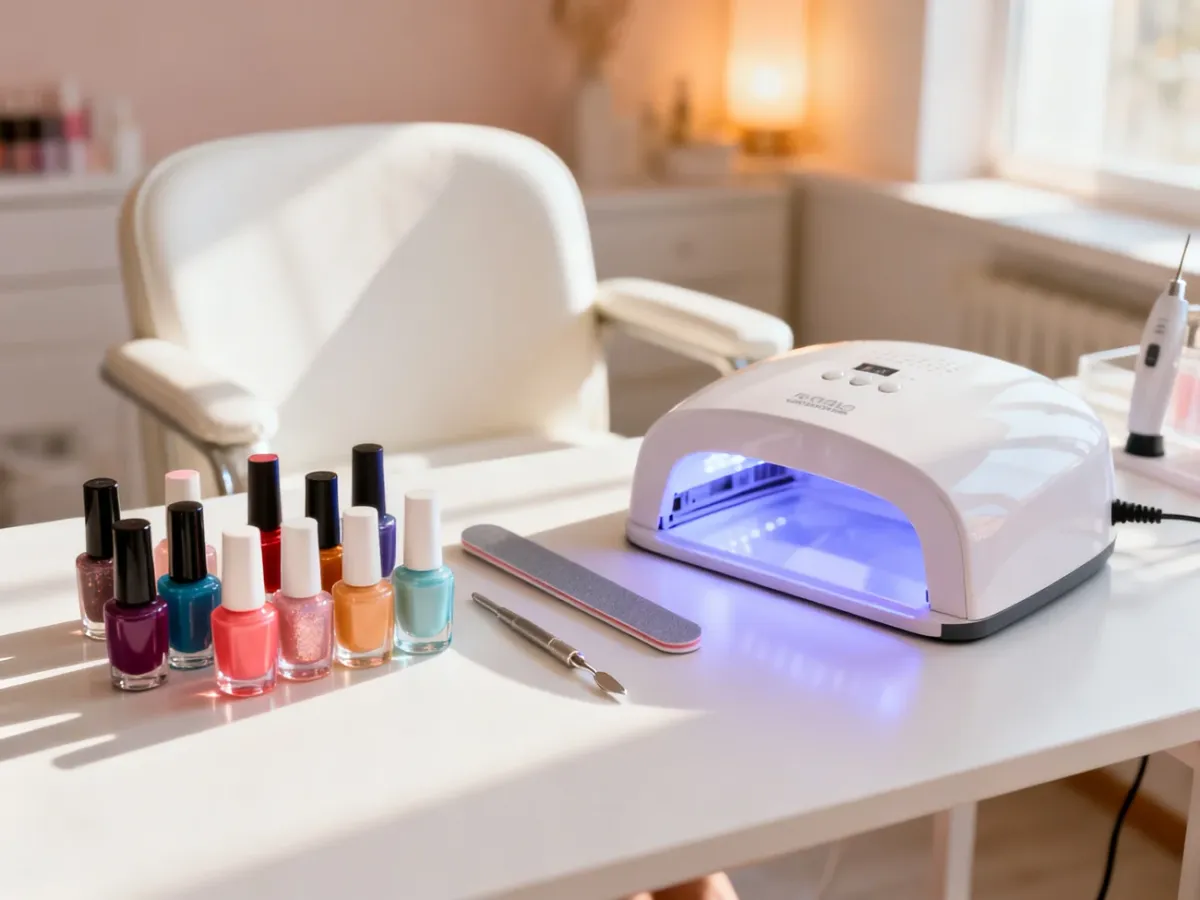 Profesjonalny zestaw do pedicure hybrydowego z lampą UV, pilnikiem i lakierami na białym stole w salonie kosmetycznym.