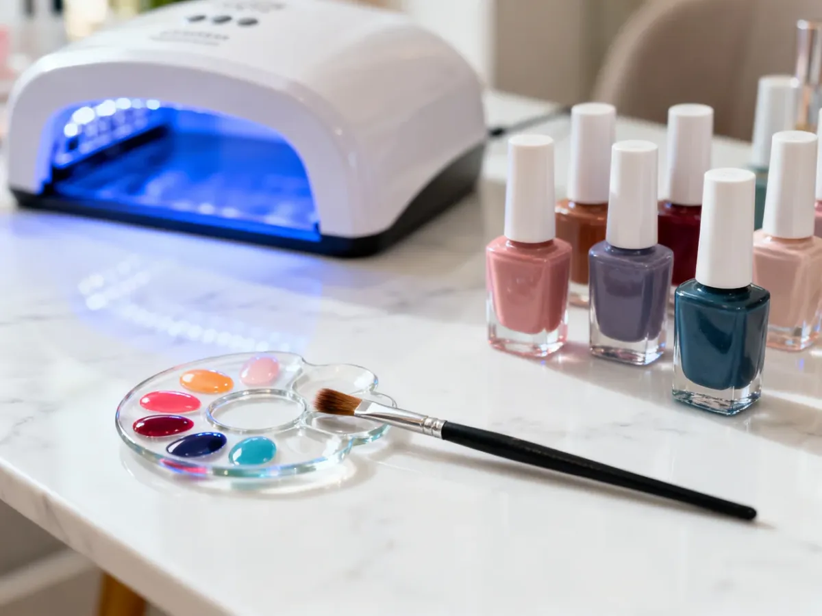 Profesjonalne narzędzia do manicure i lakiery żelowe na marmurowym blacie z włączoną lampą UV w tle.