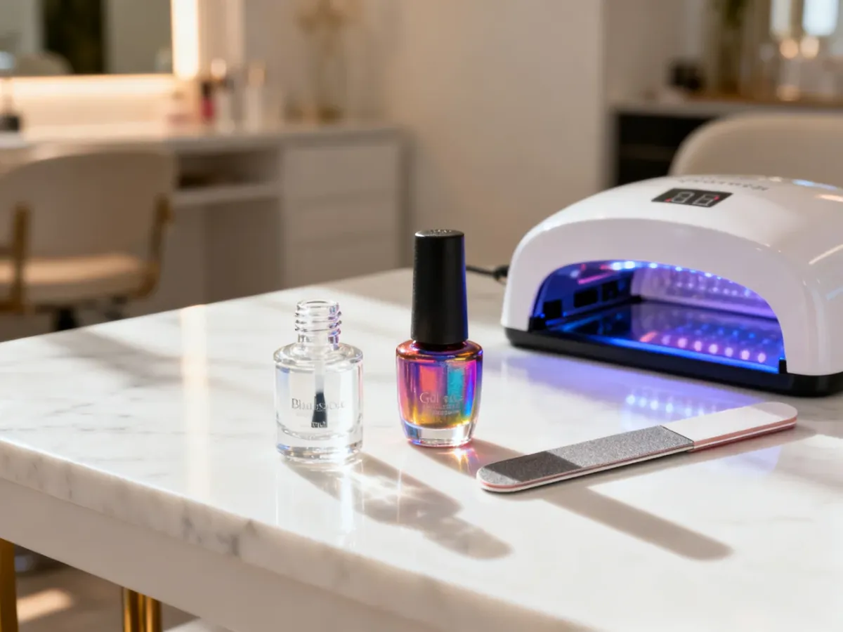 Zestaw profesjonalnych narzędzi i lakierów do manicure hybrydowego przygotowanych na marmurowym blacie.