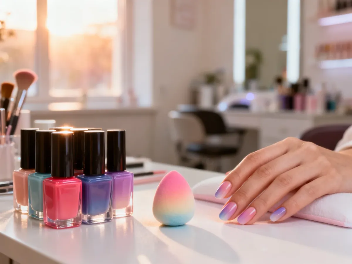 Dłoń z gotowym manicure ombre obok gąbeczki i lakierów, ilustrująca efekt cieniowania paznokci w salonie kosmetycznym.