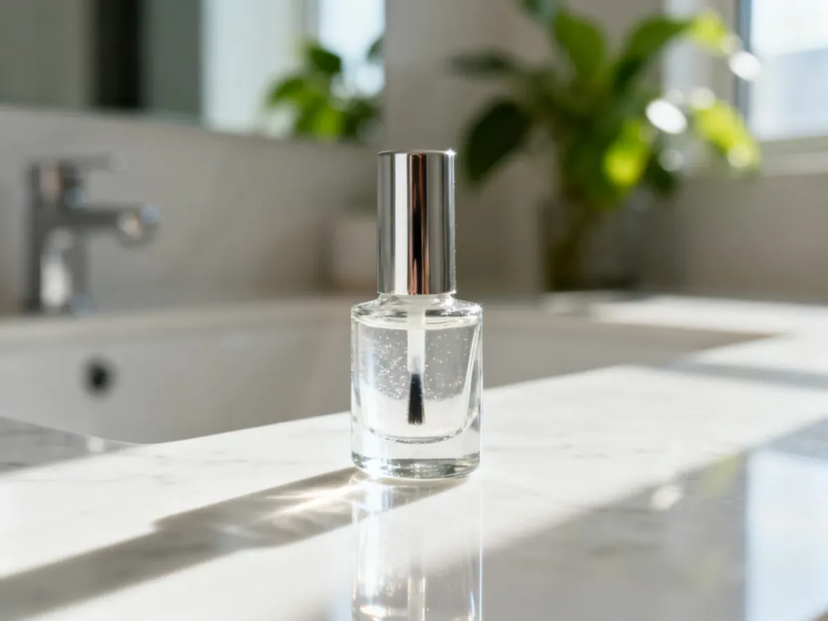 Elegancka buteleczka serum do paznokci Regenerum na marmurowym blacie w jasnej, nowoczesnej łazience.