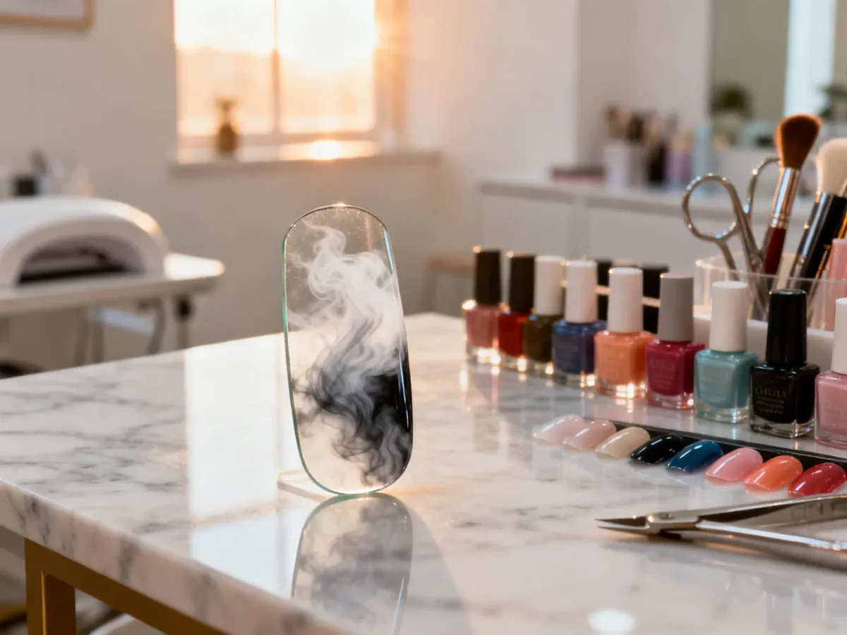 Profesjonalne narzędzia do manicure i lakiery na marmurowym blacie z artystycznym efektem dymu na płytce paznokcia.