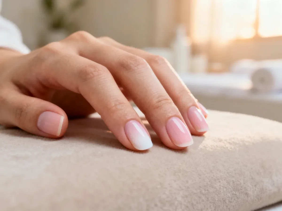 Zadbana dłoń z gładkimi, zdrowymi paznokciami na tle przypominającym salon spa.