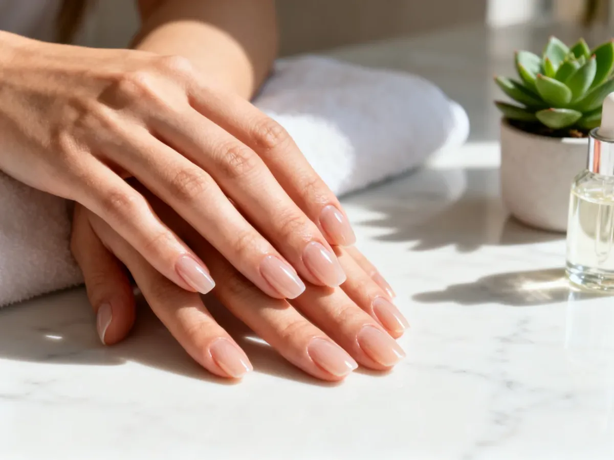Zadbane dłonie z lśniącym manicure hybrydowym na marmurowym blacie w otoczeniu produktów do pielęgnacji skórek.