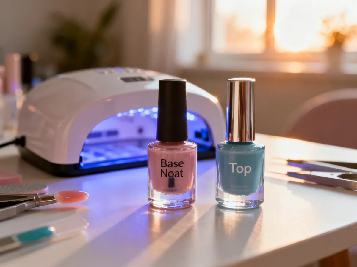 Dwie buteleczki bazy i topu do manicure hybrydowego stojące na estetycznym stole obok lampy UV.