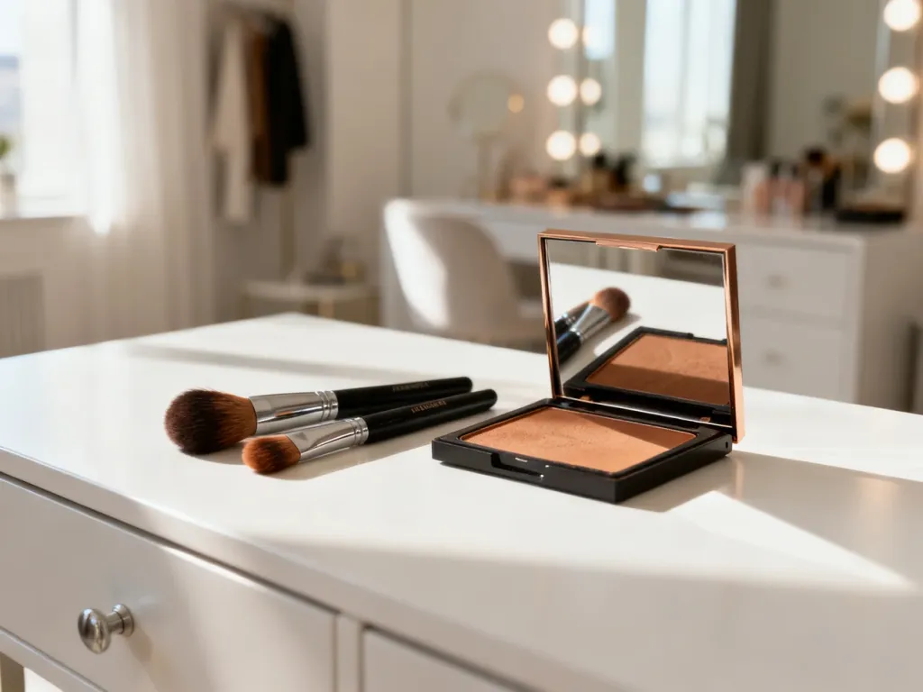 Profesjonalne pędzle i paleta bronzerów na białej toaletce w słonecznym wnętrzu, gotowe do wykonania perfekcyjnego makijażu.