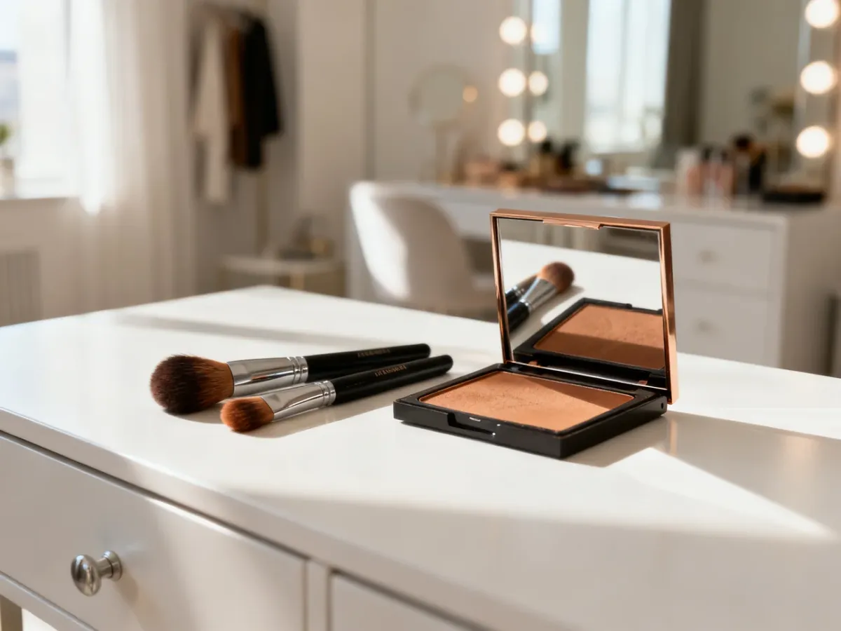 Profesjonalne pędzle i paleta bronzerów na białej toaletce w słonecznym wnętrzu, gotowe do wykonania perfekcyjnego makijażu.
