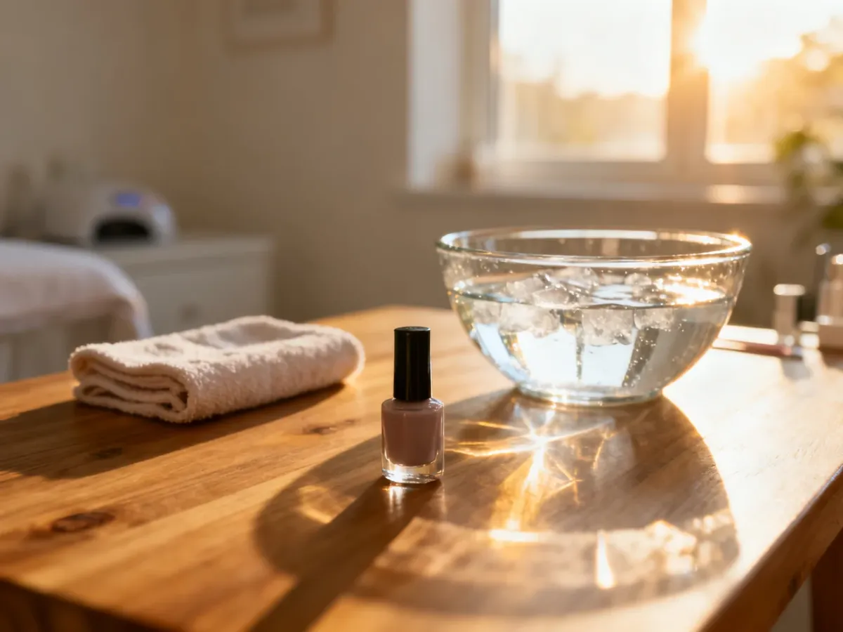 Stanowisko do manicure z lakierem i miseczką z zimną wodą, ilustrujące domowy sposób na utwardzanie paznokci.