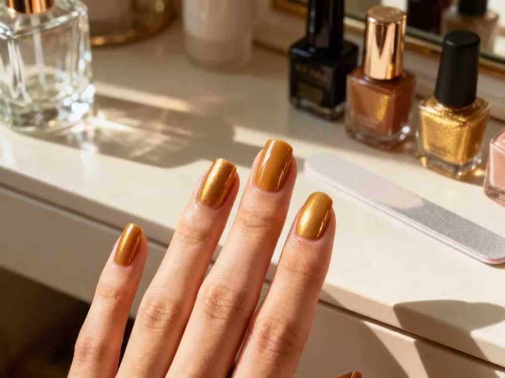 Zadbana dłoń z idealnie pomalowanymi paznokciami o błyszczącym wykończeniu, prezentująca trwały efekt manicure.