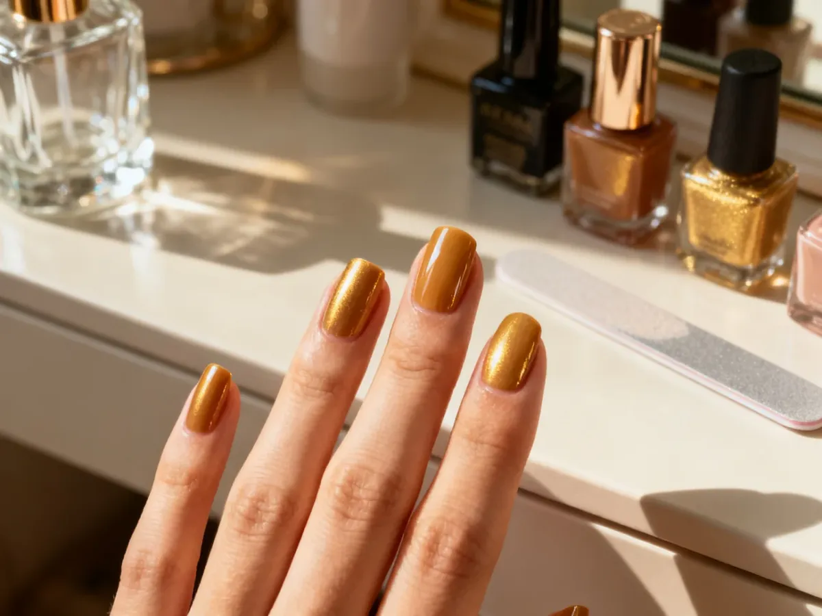Zadbana dłoń z idealnie pomalowanymi paznokciami o błyszczącym wykończeniu, prezentująca trwały efekt manicure.