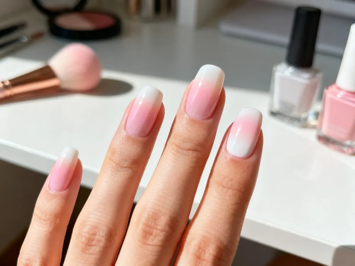 Profesjonalny manicure z płynnym przejściem kolorów od pastelowego różu do bieli. Obok widoczne akcesoria do zdobienia paznokci.