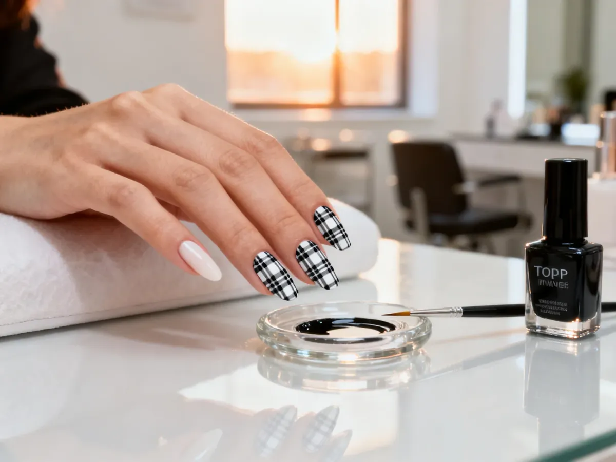 Dłoń z precyzyjnie wykonanym czarno-białym wzorem w kratkę na paznokciach oraz akcesoria do manicure na stole.
