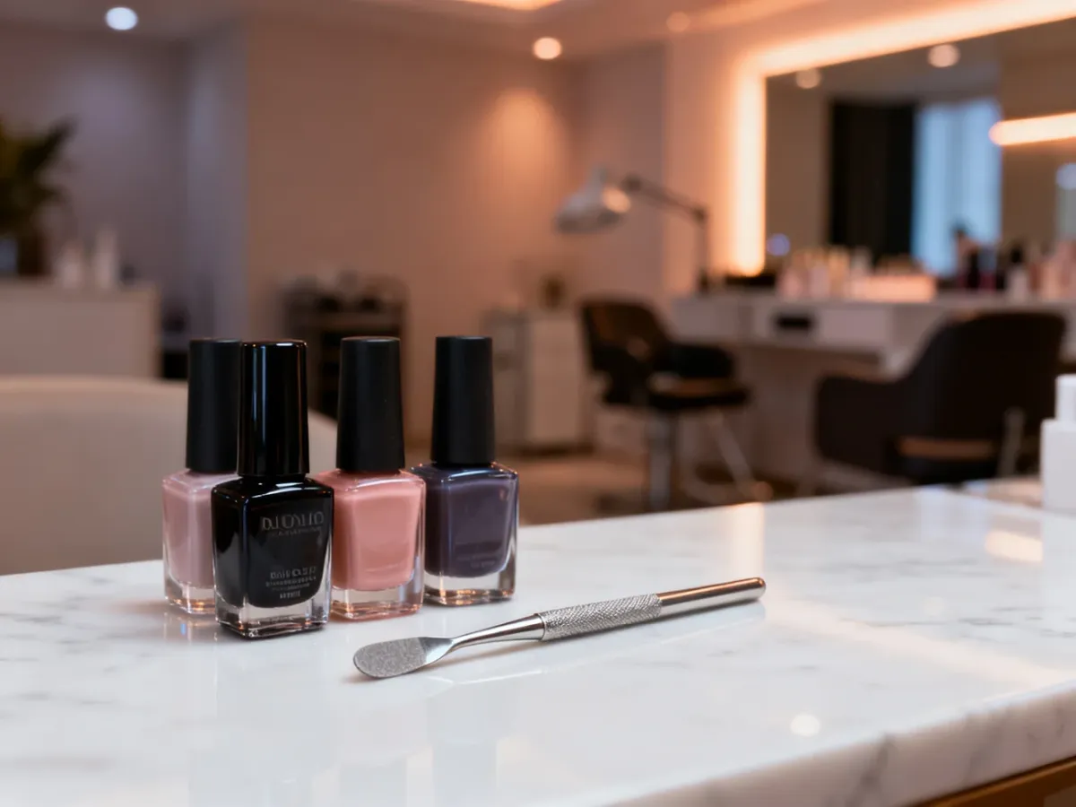 Profesjonalne stanowisko do manicure z lakierami i narzędziami na marmurowym blacie w nowoczesnym salonie kosmetycznym.