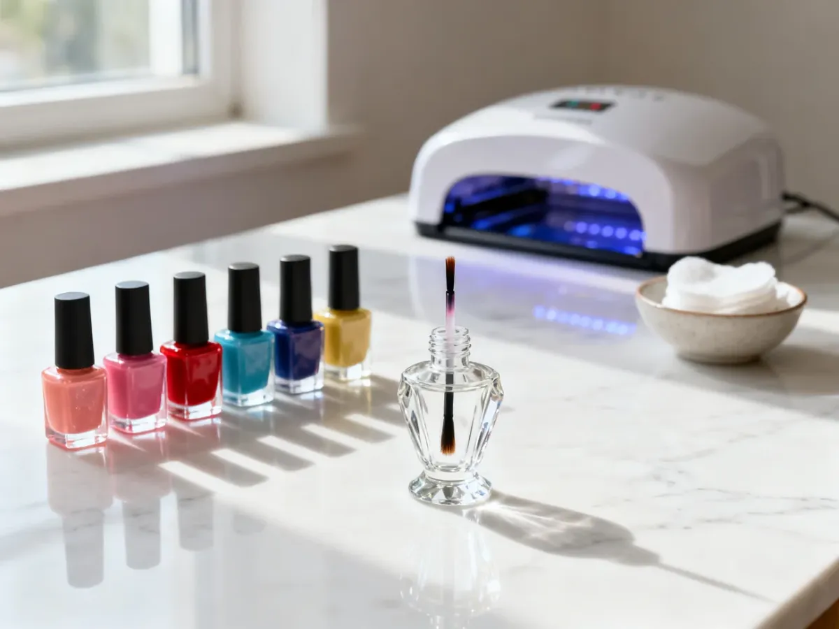 Zestaw kolorowych lakierów hybrydowych, lampa UV oraz akcesoria do manicure na marmurowym blacie.