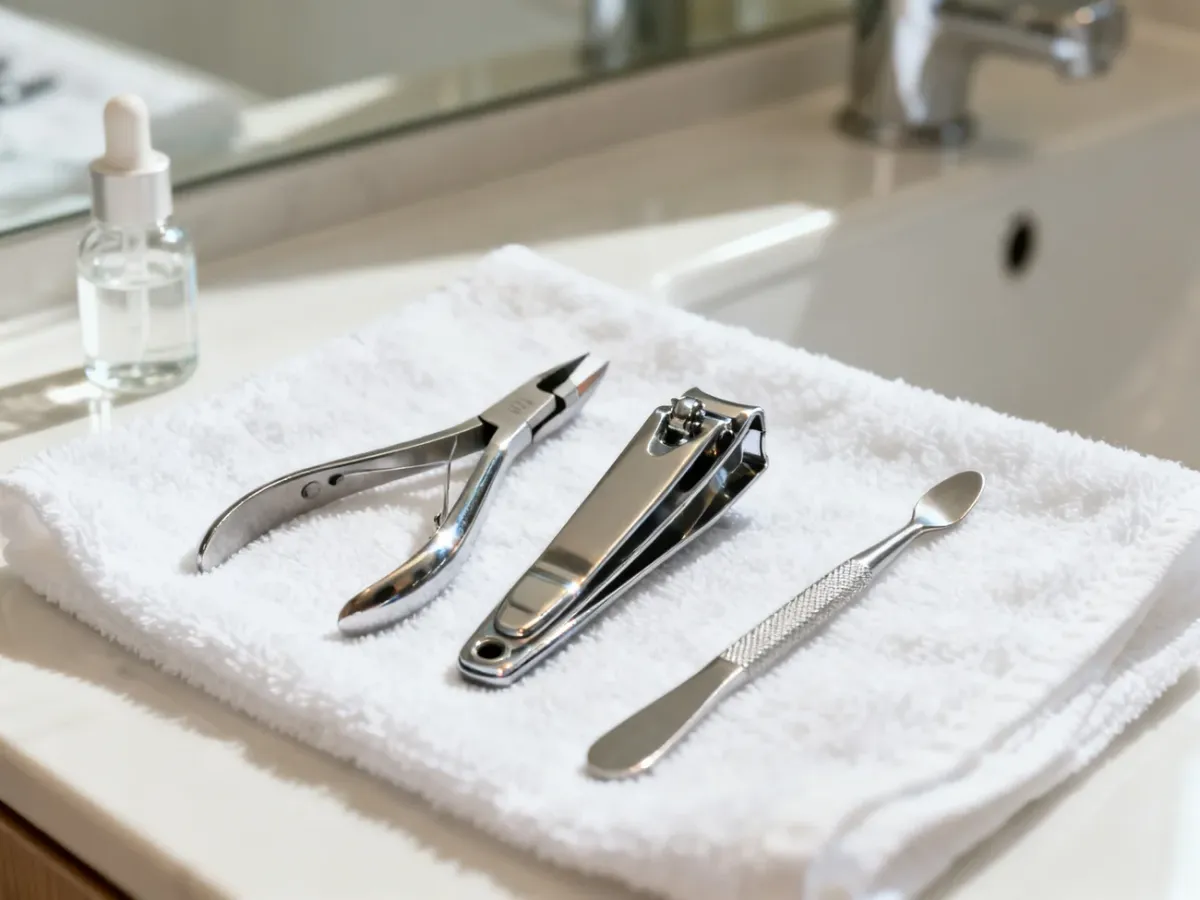 Zestaw profesjonalnych narzędzi do manicure ze stali nierdzewnej ułożonych na czystej ściereczce obok płynu do dezynfekcji.