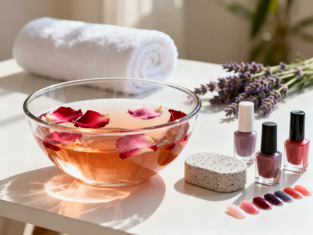 Zestaw do domowego pedicure z miską wody, płatkami róż i akcesoriami na białym stole w klimacie spa.