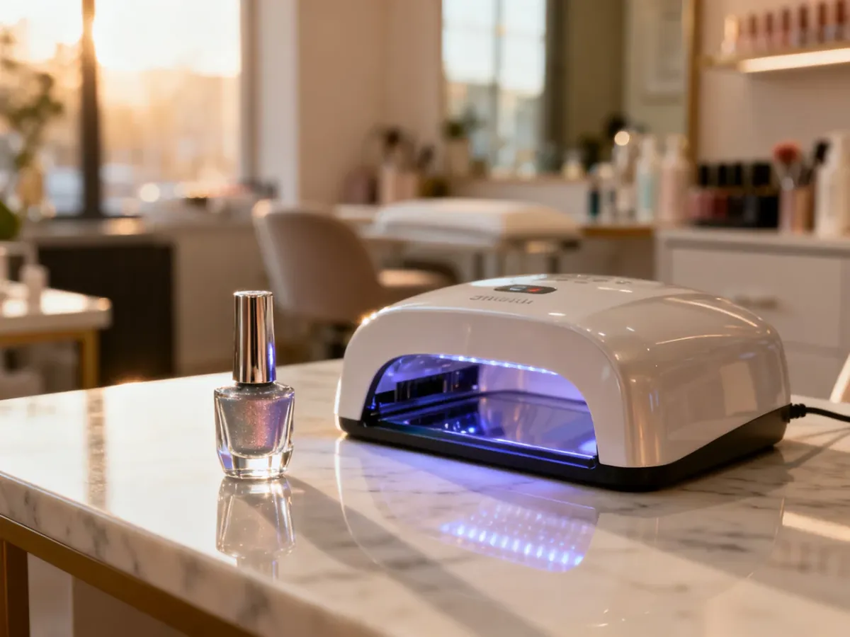 Profesjonalne stanowisko do manicure z lampą UV i lakierem na marmurowym blacie w salonie kosmetycznym.