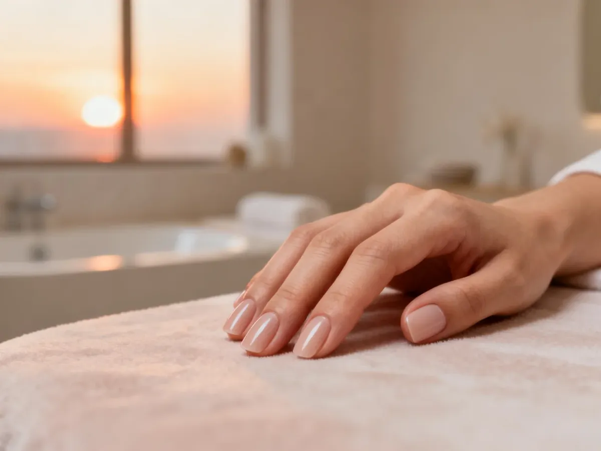 Zadbana dłoń z naturalnymi, mocnymi paznokciami w spokojnym, minimalistycznym wnętrzu typu spa.