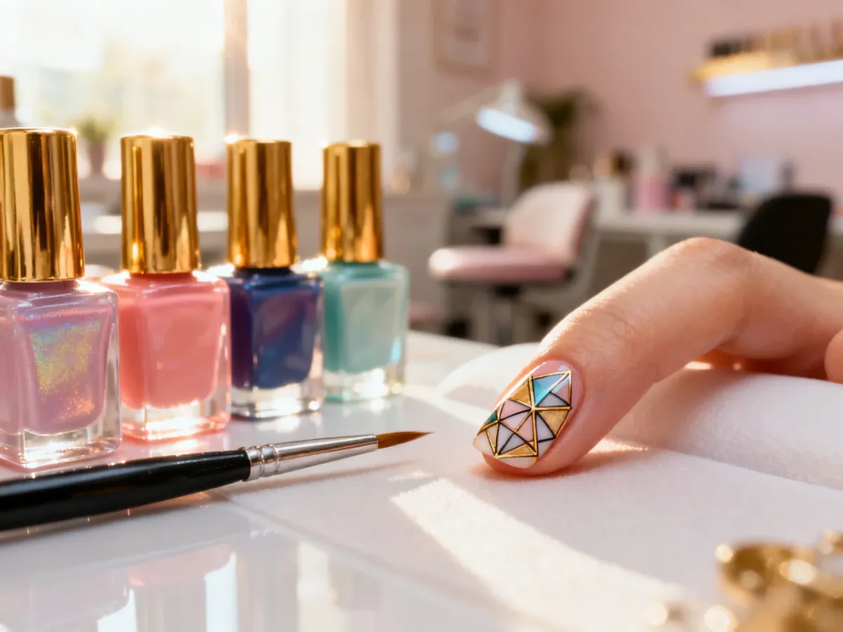 Profesjonalne stanowisko do manicure z lakierami, pędzelkiem oraz paznokciem ozdobionym precyzyjnym wzorem geometrycznym.