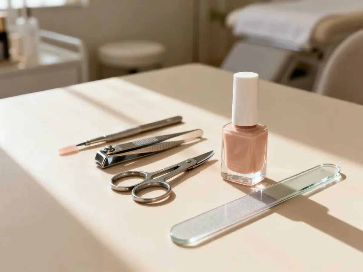 Profesjonalne akcesoria do manicure i lakier nude na beżowym tle, przygotowane do wykonania estetycznych paznokci.