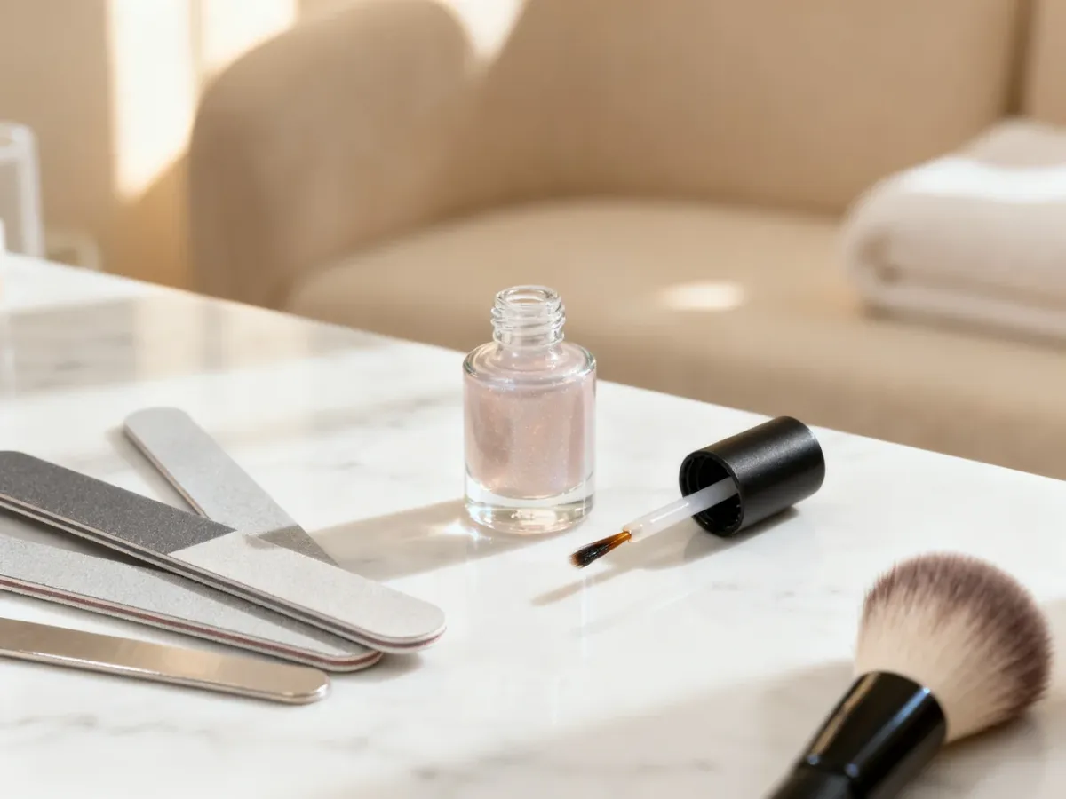 Butelka primera do paznokci z pędzelkiem oraz akcesoria do manicure na marmurowym blacie w estetycznym salonie.