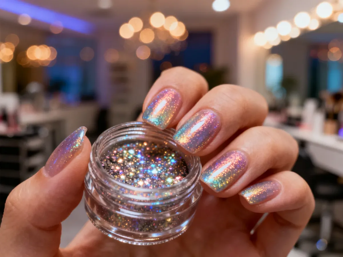 Dłoń z profesjonalnym manicure z gradientem brokatu trzyma słoiczek z ozdobami do paznokci w salonie kosmetycznym.