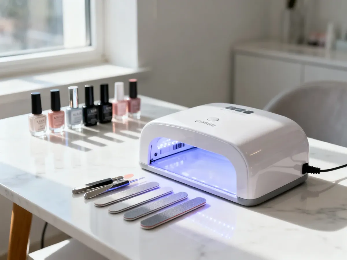 Profesjonalne narzędzia do manicure i lampa UV na marmurowym blacie w sterylnym salonie kosmetycznym.