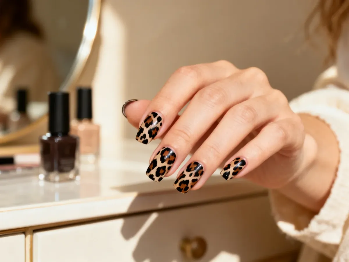 Dłoń z profesjonalnym manicure w panterkę na beżowym tle, prezentująca modny wzór zwierzęcy na zadbanych paznokciach.