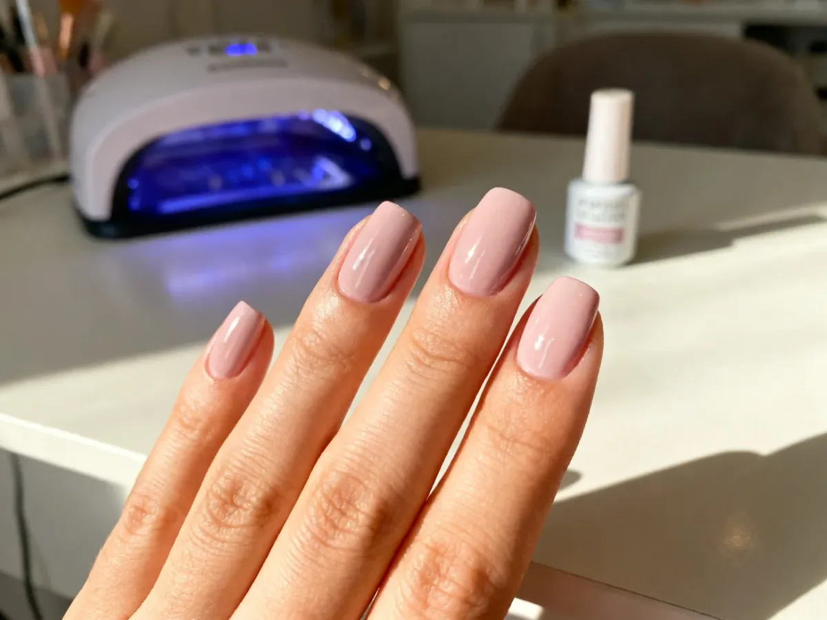 Dłoń z idealnie nałożonym lakierem hybrydowym w pastelowym odcieniu, prezentująca profesjonalny efekt końcowy manicure.