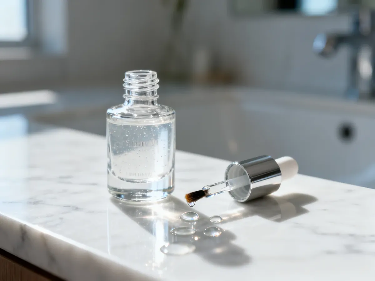 Szklana buteleczka serum do paznokci z pędzelkiem na marmurowym blacie w minimalistycznej łazience.