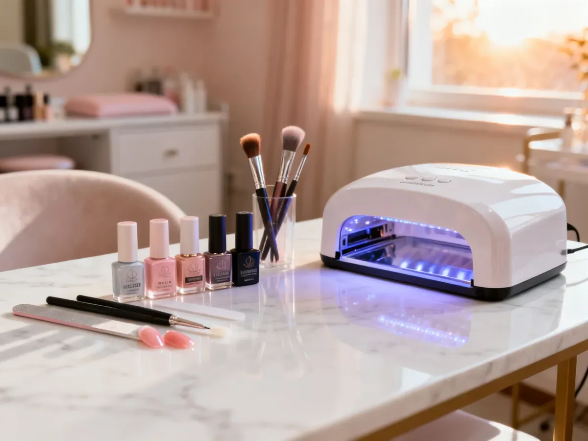 Zestaw profesjonalnych żeli budujących, pędzli i lampy UV/LED na marmurowym blacie, gotowy do wykonania manicure.