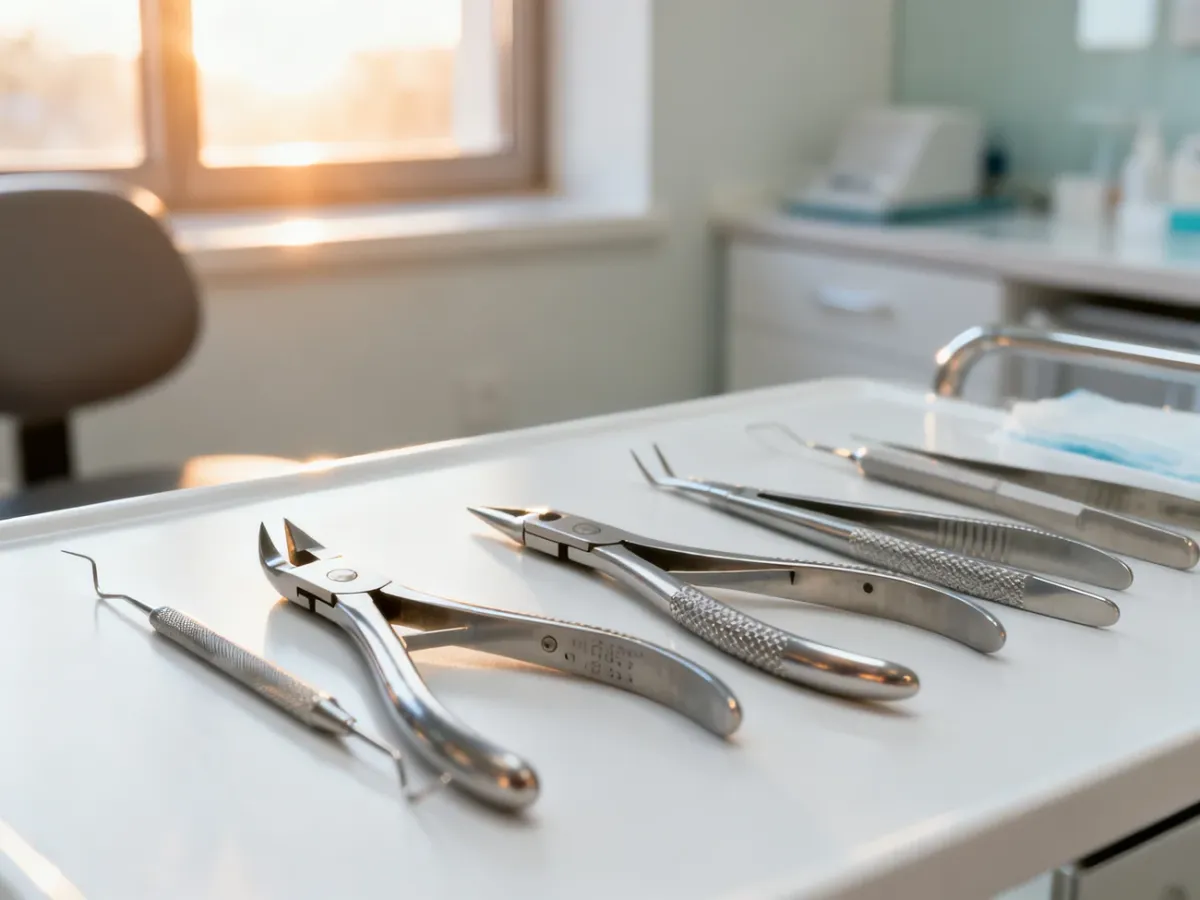 Profesjonalne narzędzia podologiczne przygotowane do zabiegu na sterylnym, klinicznym podłożu.