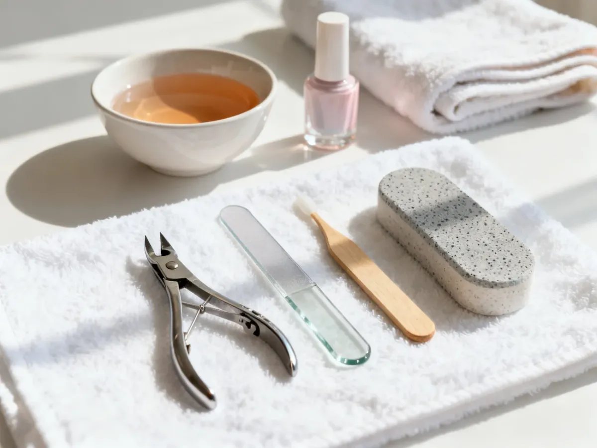 Zestaw profesjonalnych akcesoriów do pedicure, takich jak cążki, pilnik, pumeks i lakier, przygotowany do domowego zabiegu.