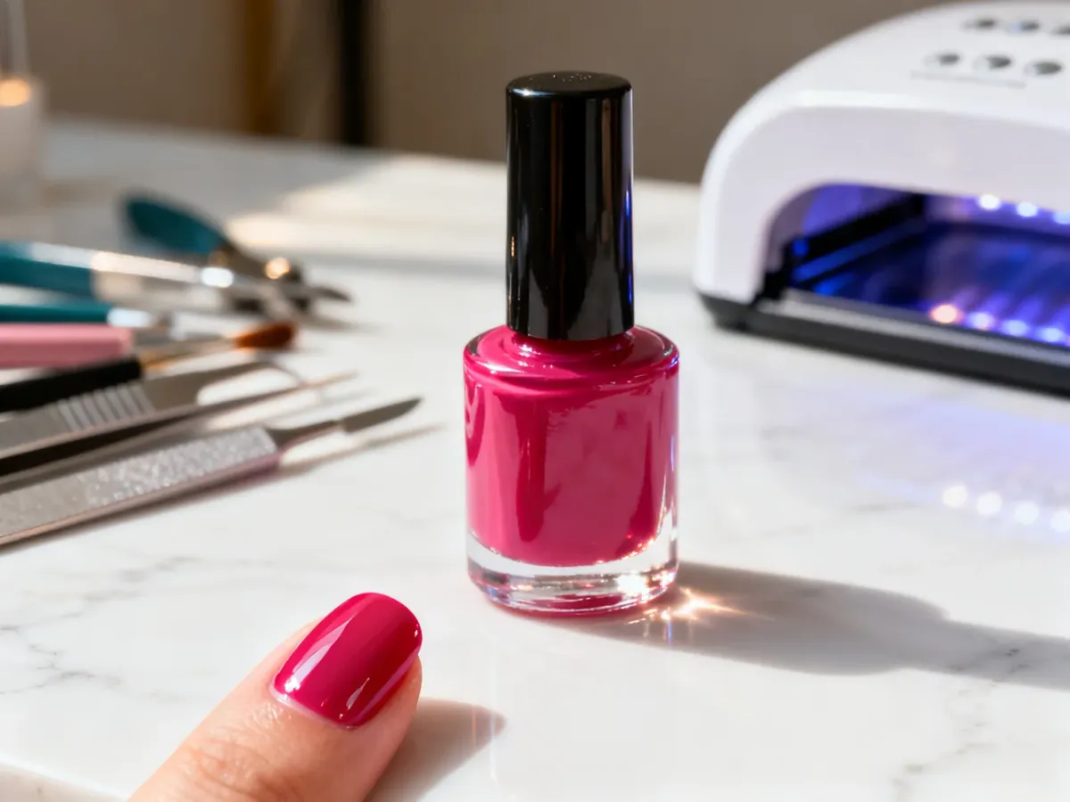 Buteleczka lakieru Niuqi na marmurowym blacie obok idealnie pomalowanego paznokcia i akcesoriów do manicure.