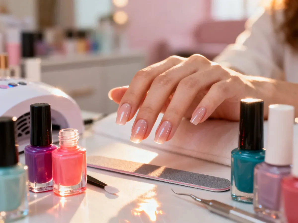 Zadbana dłoń z błyszczącym manicure oraz akcesoria kosmetyczne na tle profesjonalnego salonu piękności.