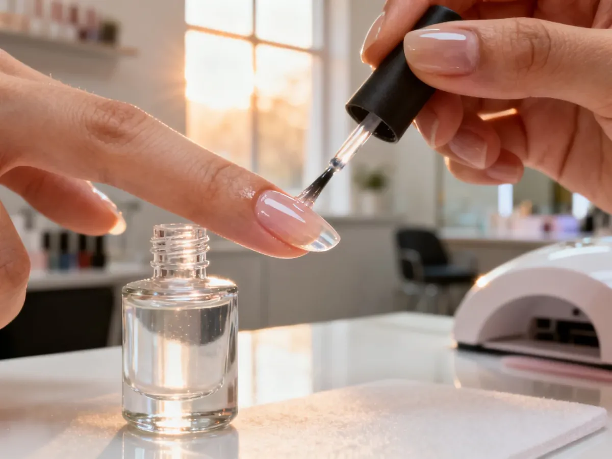 Profesjonalna stylistka nakłada błyszczący top na hybrydowy manicure, zapewniając mu trwałość i estetyczne wykończenie.