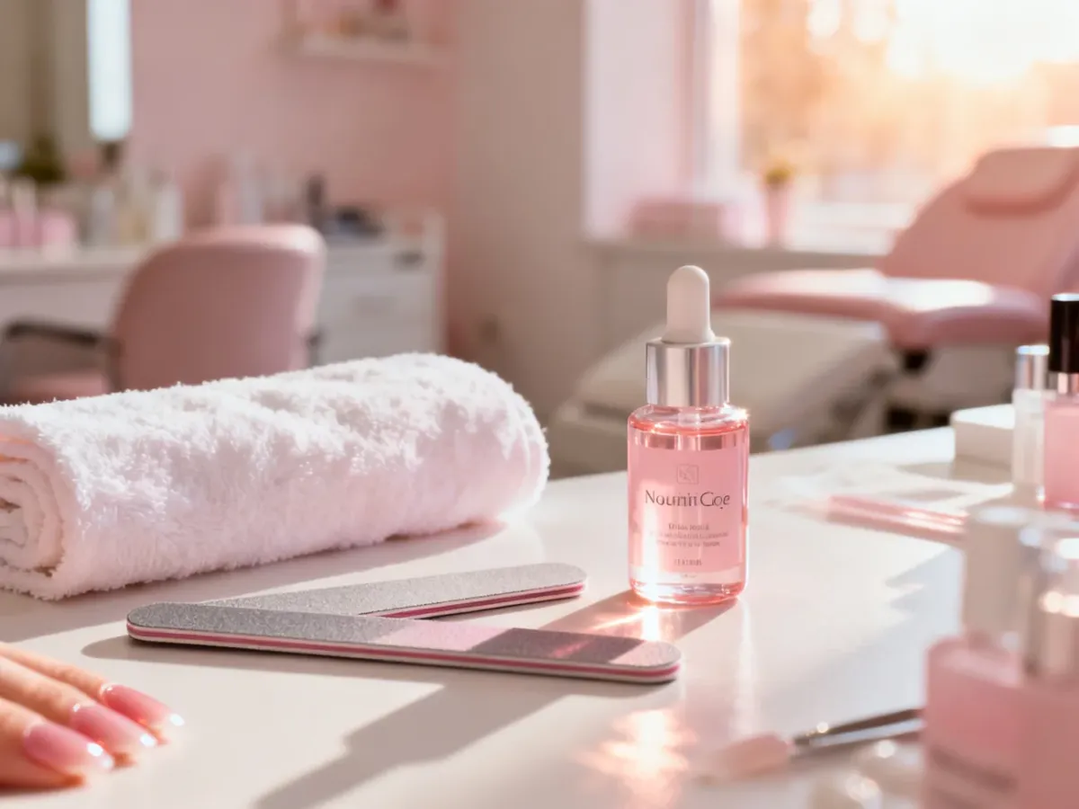 Profesjonalne stanowisko do manicure z akcesoriami do pielęgnacji paznokci w jasnym, kojącym wnętrzu salonu kosmetycznego.