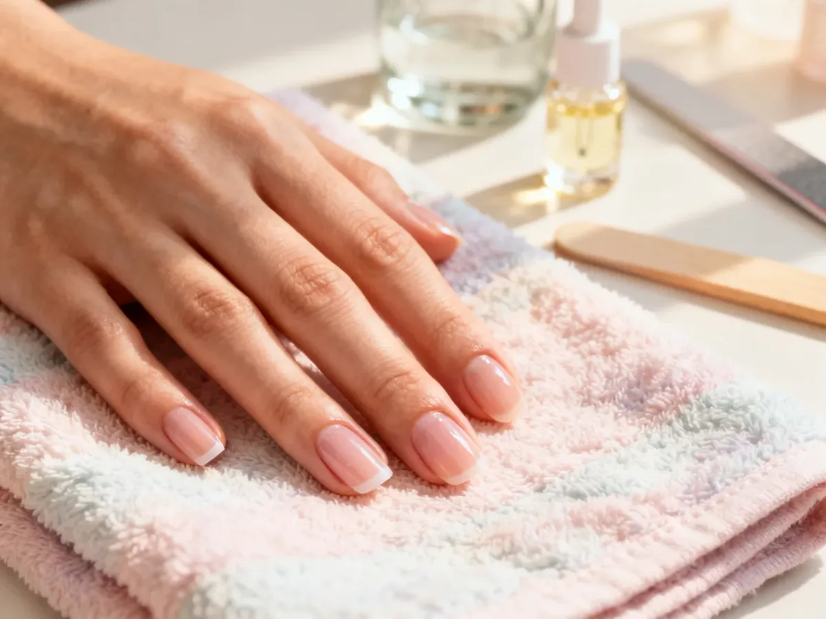 Zadbana dłoń z naturalnie wyglądającymi skórkami i wypielęgnowanymi paznokciami na tle akcesoriów do manicure.