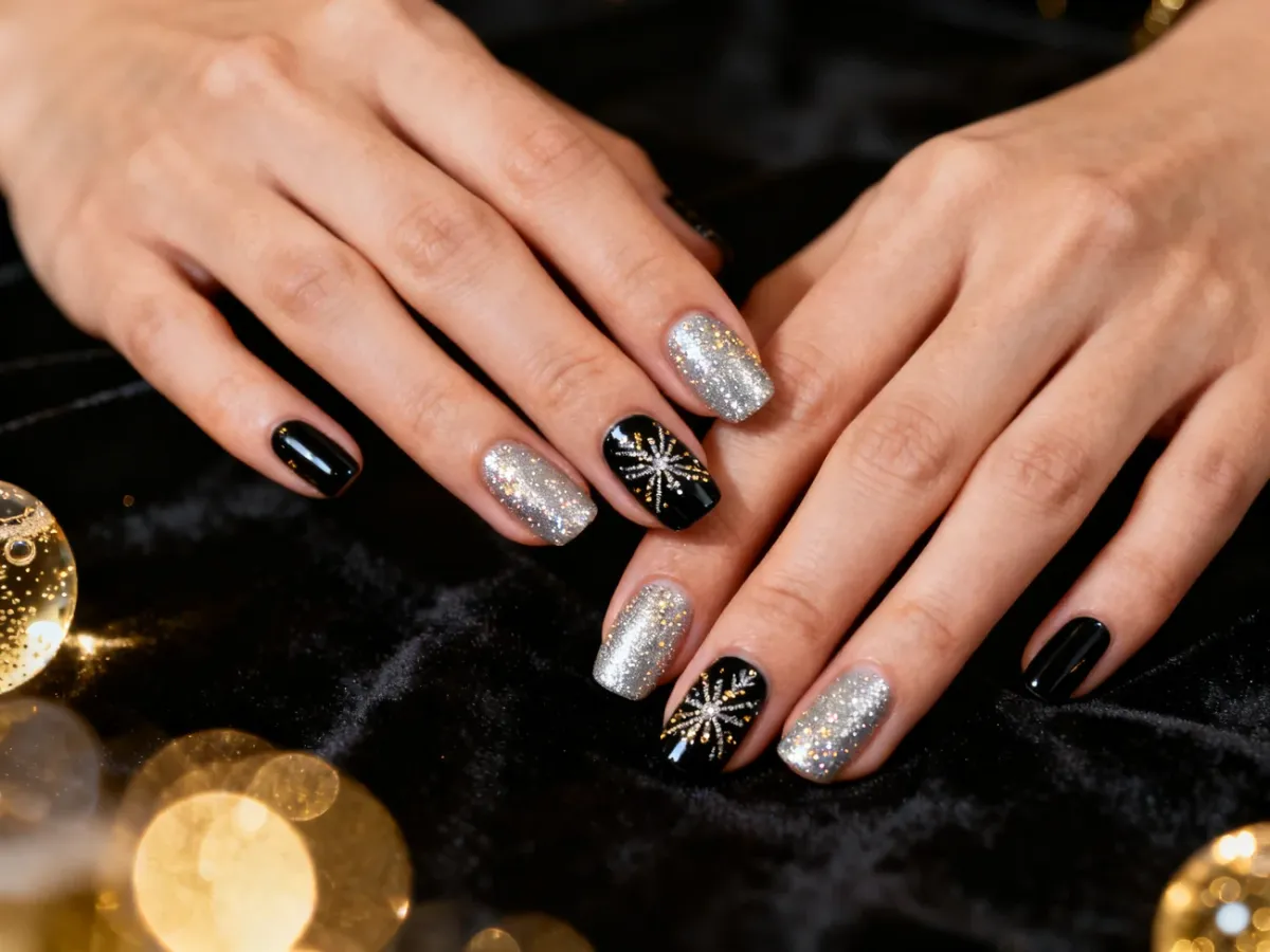 Elegancki manicure sylwestrowy z czarnym i srebrnym brokatem na tle rozmytych świateł w klimacie glamour.