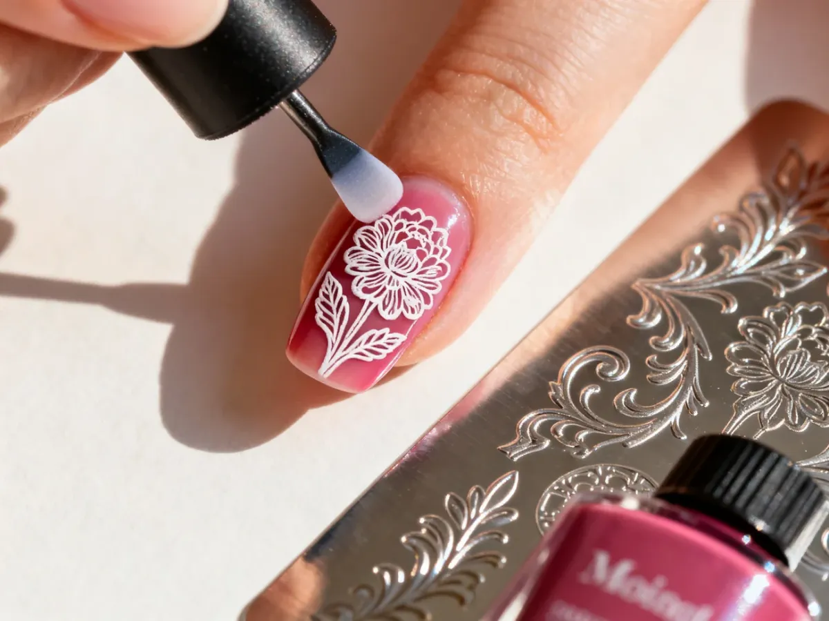 Silikonowy stempel nanosi kwiatowy wzór na paznokieć obok płytki do zdobień i lakieru. Profesjonalny manicure krok po kroku.