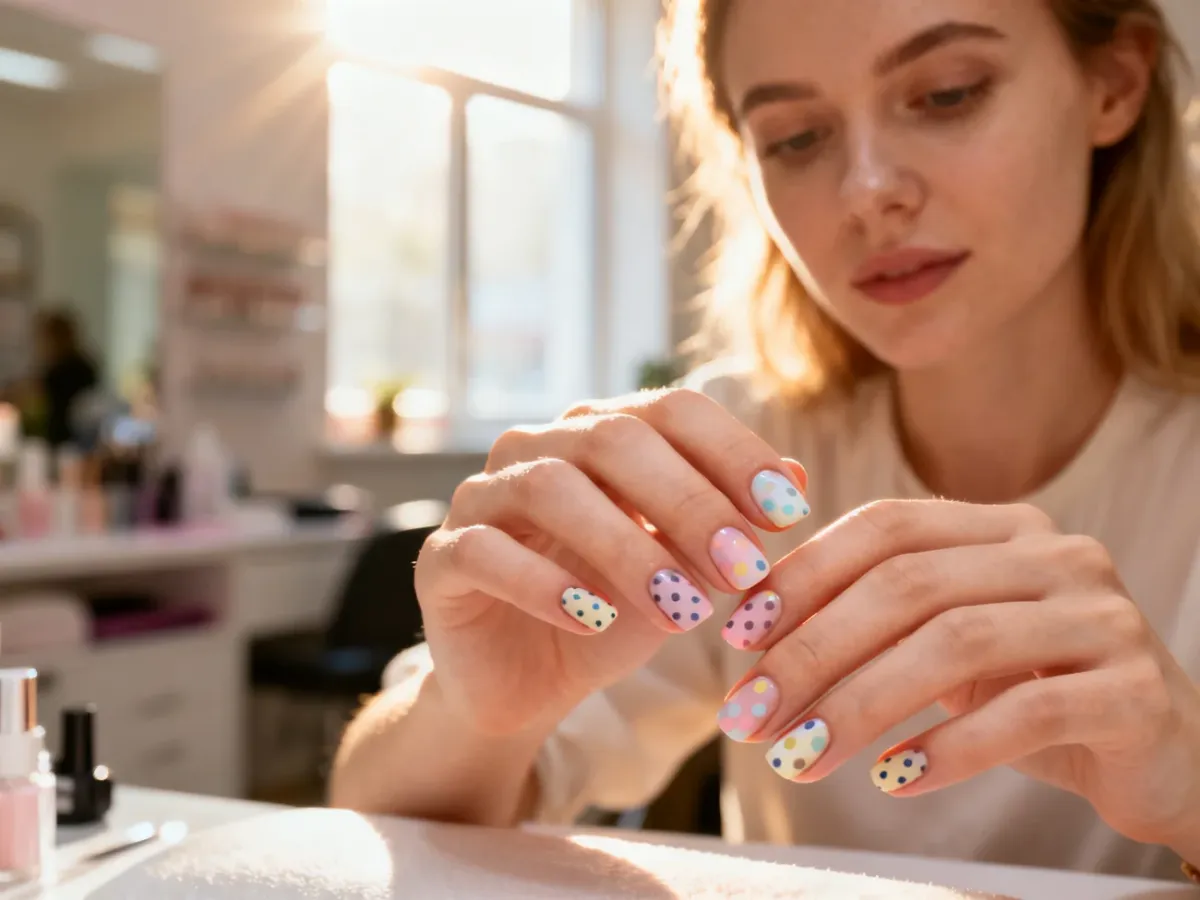 Dłonie z profesjonalnym manicure w pastelowe kropki na tle estetycznego salonu kosmetycznego.