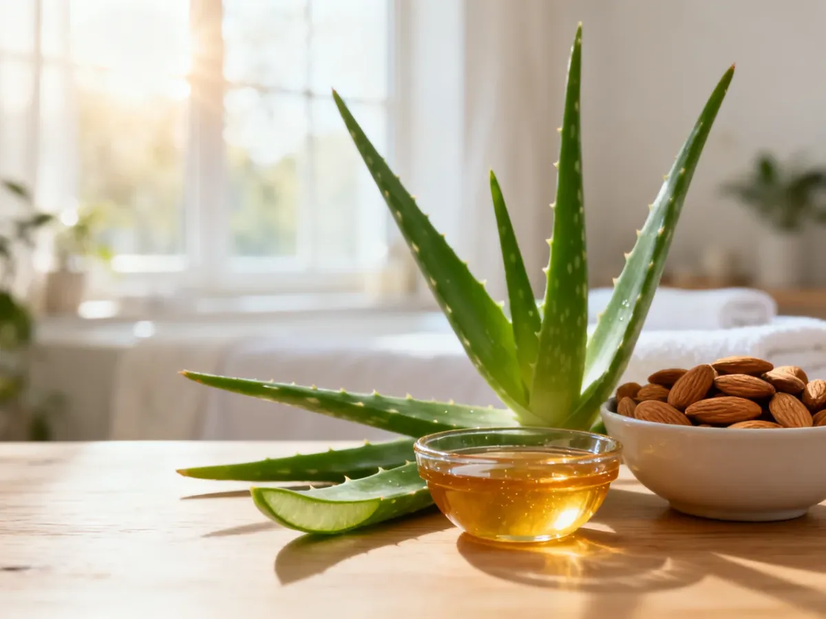 Naturalne składniki, takie jak aloes, miód i migdały, ułożone na drewnianym stole w domowym spa.