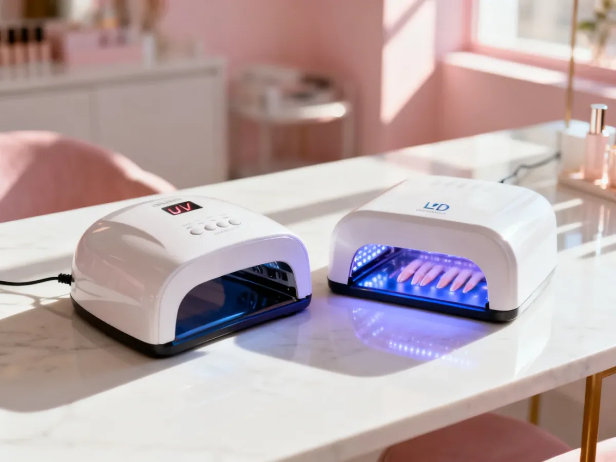 Nowoczesna lampa UV i LED do manicure hybrydowego ustawione obok siebie na marmurowym blacie w salonie kosmetycznym.